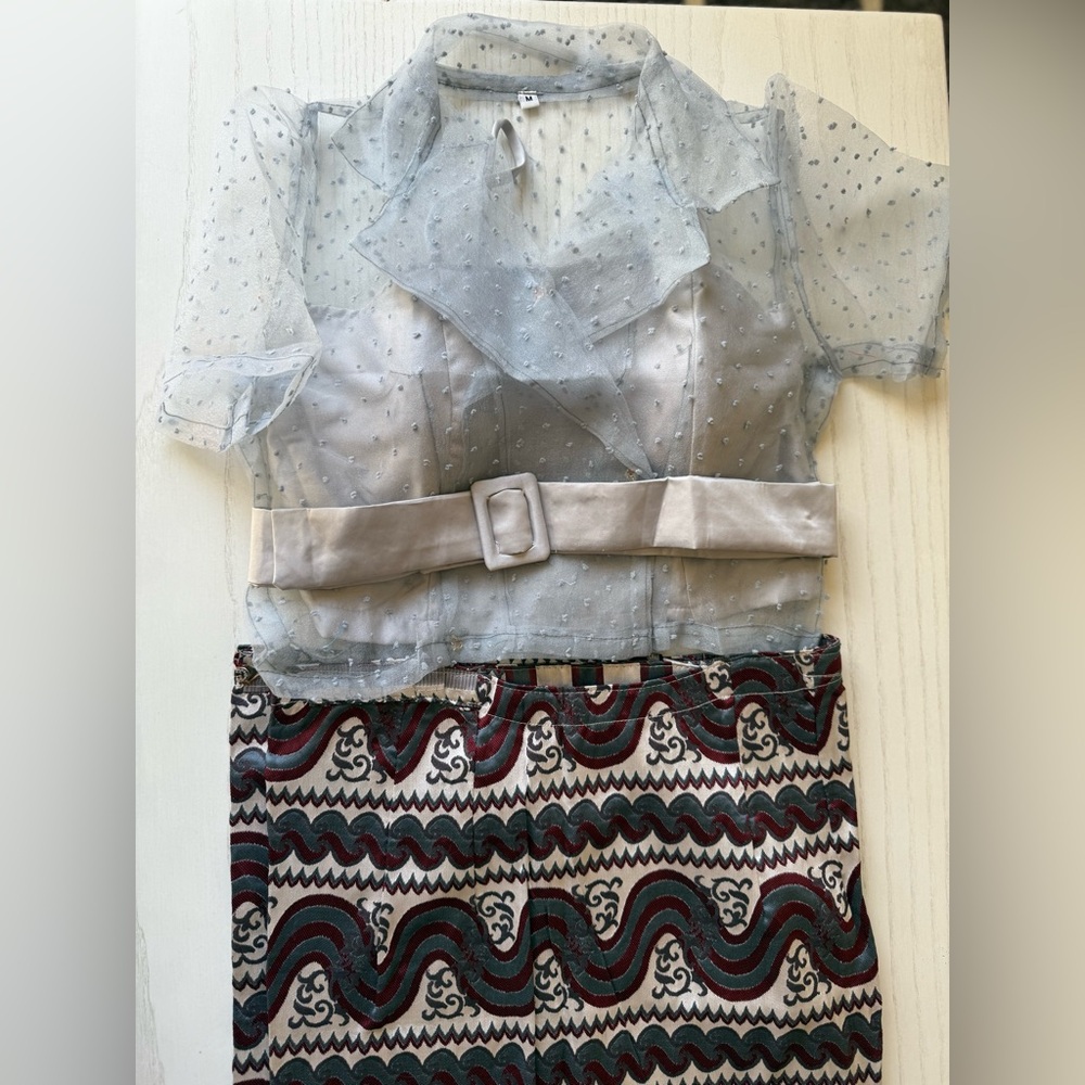 Sheer Polka Dot Blouse with Patterned Skirt